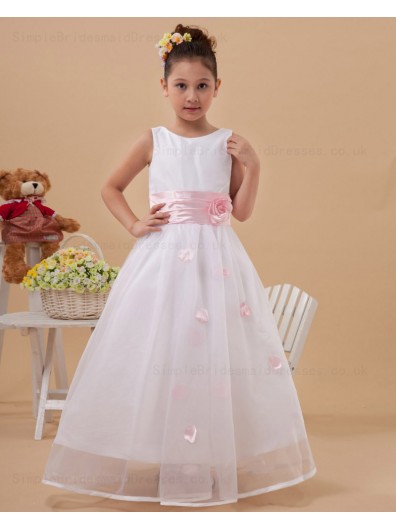 Hand Made Flower/ Ball Gown Zipper White/Pink Belt Scoop Floor length Sleeveless Taffeta/Organza Flower Girl Dress