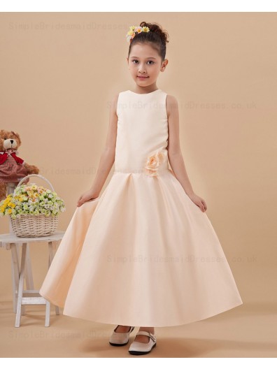 Champagne Satin Sleeveless Scoop A line Ankle Length Hand Made Flower Zipper Flower Girl Dress