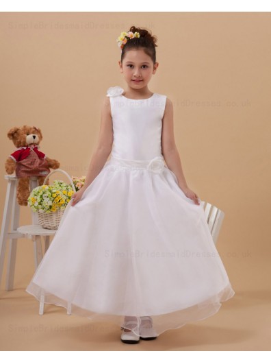 White Zipper Scoop Ankle Length Satin/Organza Sleeveless Belt Ball Gown Hand Made Flower/ Flower Girl Dress