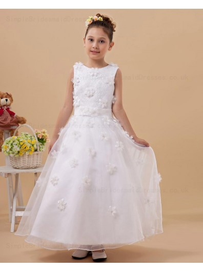 Zipper Satin/Tulle Scoop A line White Sleeveless Belt/Hand Made Flower Floor length Flower Girl Dress