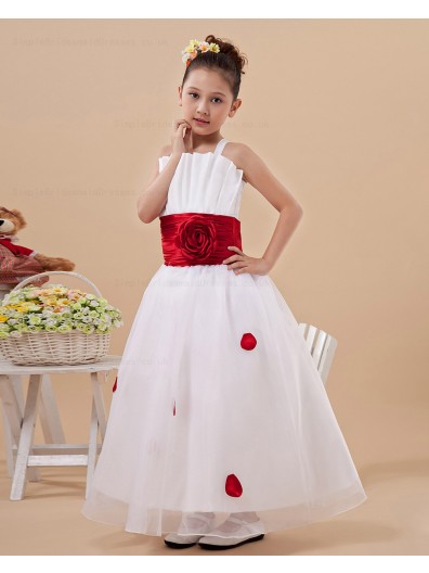 Ivory Floor length Ball Gown Satin/Organza Bow/Hand Made Flower/Sash/Ruffles Sleeveless Zipper Spaghetti Straps Flower Girl Dress