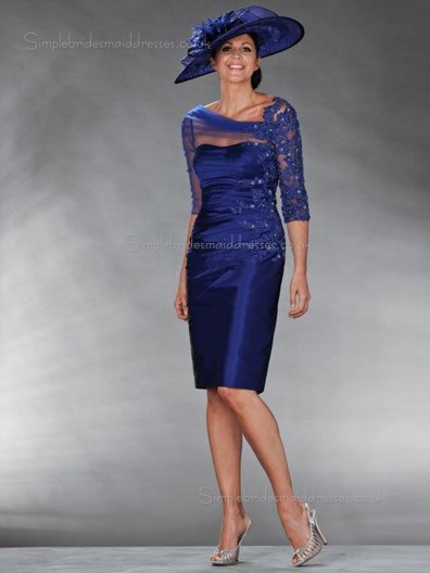 Royal Blue Satin Natural Column / Sheath Half-Sleeve Applique Zipper Sweetheart Knee-length Mother of the Bride Dress