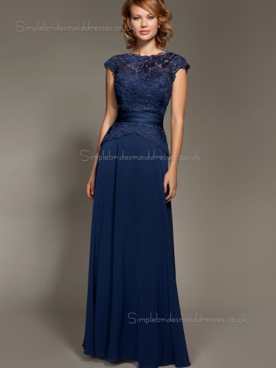 Dark Navy Bateau Short Sleeve Natural Applique Zipper A-line Chiffon Floor-length Mother of the Bride Dress