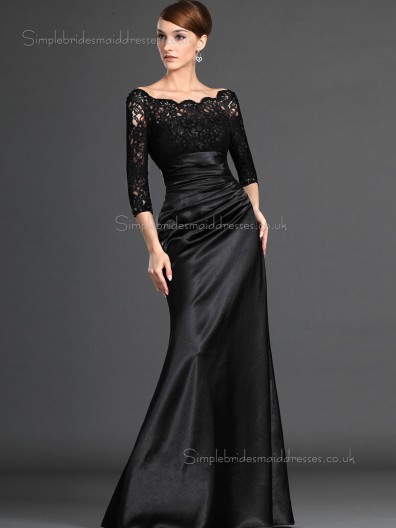 Black Satin Zipper Empire Bateau Ruffles Half-Sleeve Mermaid Floor-length Mother of the Bride Dress