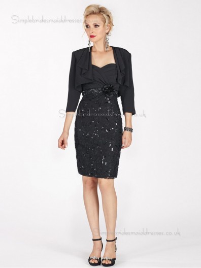 Black Column / Sheath Zipper Satin Sweetheart Knee-length Half-Sleeve Empire Sequin Mother of the Bride Dress