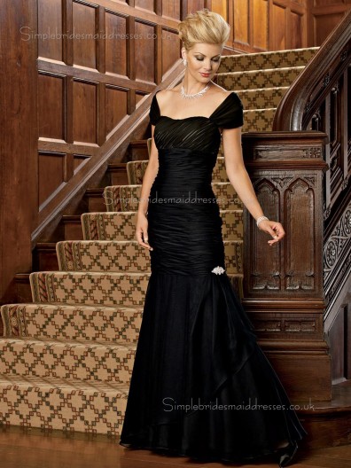 Black Floor-length Cap Sleeve Natural Sweetheart Ruched Mermaid Satin Zipper Mother of the Bride Dress