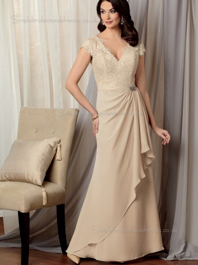 Champagne V-neck Natural Zipper Lace A-line Floor-length Chiffon Cap Sleeve Mother of the Bride Dress