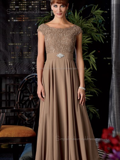 Champagne Natural Backless Floor-length Satin Bateau Cap Sleeve A-line Applique Mother of the Bride Dress