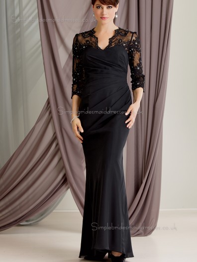 Black Zipper V-neck Chiffon Long Applique Column / Sheath Floor-length Sleeve Natural Mother of the Bride Dress