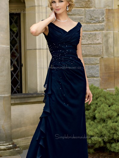 Dark Navy Natural Beading Cap Sleeve Chiffon V-neck Zipper Floor-length A-line Mother of the Bride Dress