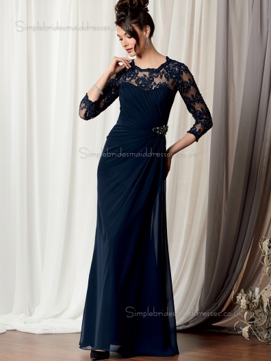 Dark Navy Long Sleeve Floor-length Zipper Round Chiffon Natural Column / Sheath Lace Mother of the Bride Dress