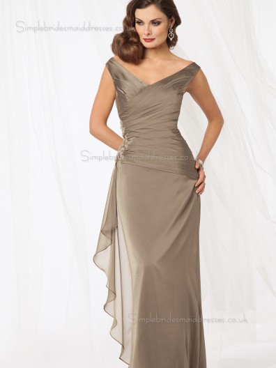 Brown Ruched Column / Sheath Chiffon Zipper V-neck Natural Floor-length Cap Sleeve Mother of the Bride Dress