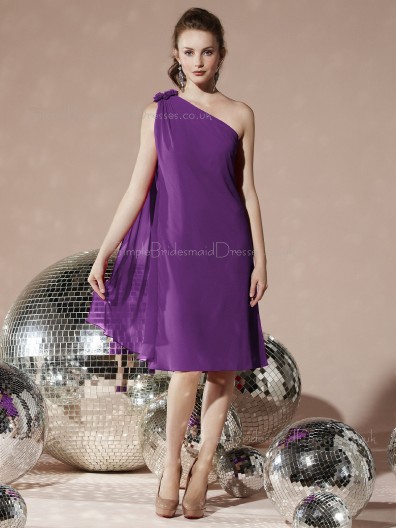 Sleeveless Dropped One-Shoulder Chiffon Knee-length Purple A-line Flowers Bridesmaid Dress