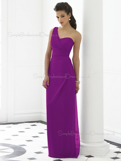 Chiffon Sleeveless Dropped Purple Ruched Floor-length One-Shoulder Column-Sheath Zipper-Back Bridesmaid Dress