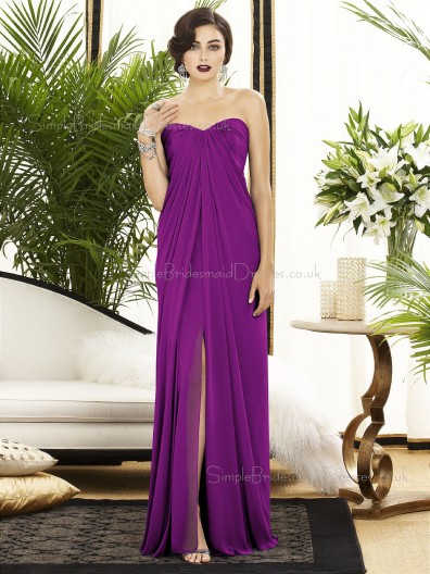 Floor-length A-line Ruched-Ruffles Chiffon Purple Sleeveless Sweetheart-Strapless Empire Backless-Zipper-Back Bridesmaid Dress