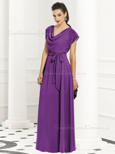 Zipper-Back Natural Purple Special Sash-Ruched A-line Short-Sleeve Chiffon Floor-length Bridesmaid Dress