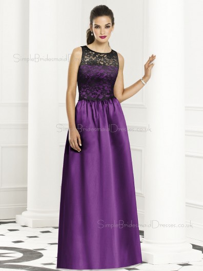 Dropped Sleeveless Satin Bateau Lace-Ruched A-line Purple Floor-length Bridesmaid Dress
