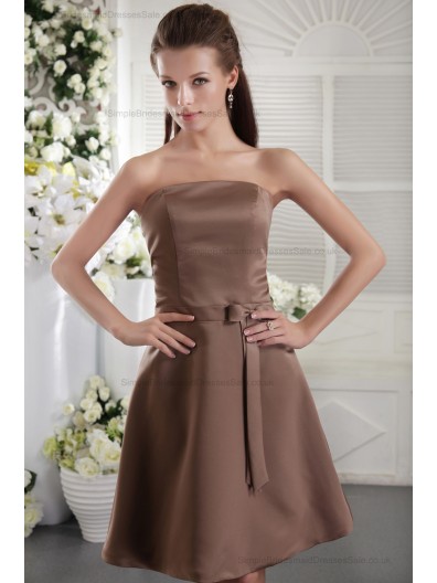 Brown Sheath Bow/Ribbons Natural Satin Zipper Short-length Strapless Sleeveless Bridesmaid Dress