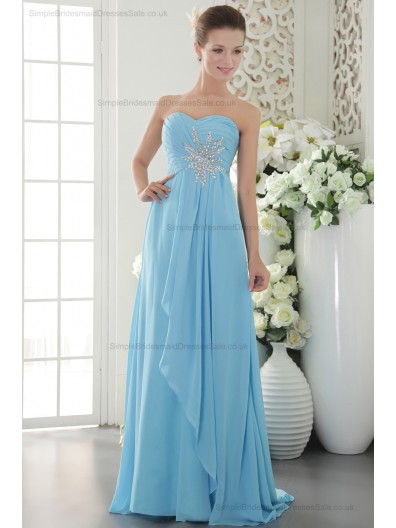 Sheath Sleeveless Chiffon Blue Sweep Natural Beading/Crystal/Ruffles Sweetheart Zipper Bridesmaid Dress