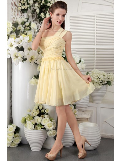 Champagne One-Shoulder Sleeveless Ruffles/Flowers/Draped Chiffon Natural Short-length Zipper Princess Bridesmaid Dress