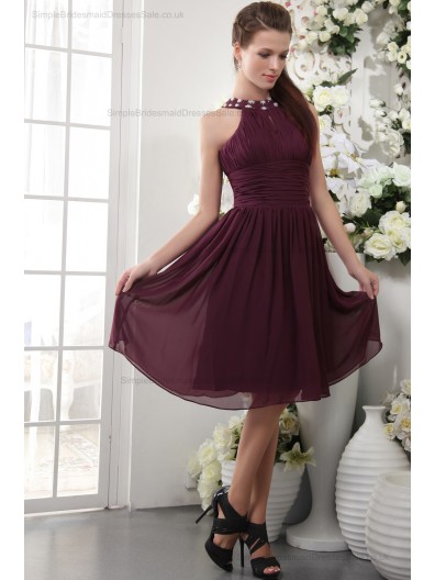 Natural Zipper Short-length Beading/Appliques/Ruffles/Draped Burgundy Chiffon/Elastic-Silk-like-Satin Sheath Sleeveless Scoop Bridesmaid Dress