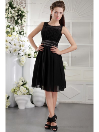 Short-length Black Natural Princess Beading/Ruffles/Draped Sleeveless Scoop Chiffon/Elastic-Silk-like-Satin Zipper Bridesmaid Dress
