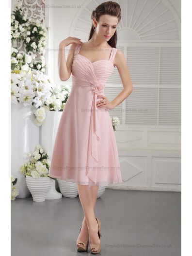 Chiffon/Elastic-Silk-like-Satin Sleeveless Natural Princess Zipper Straps Flowers/Ruffles Pink Short-length Bridesmaid Dress