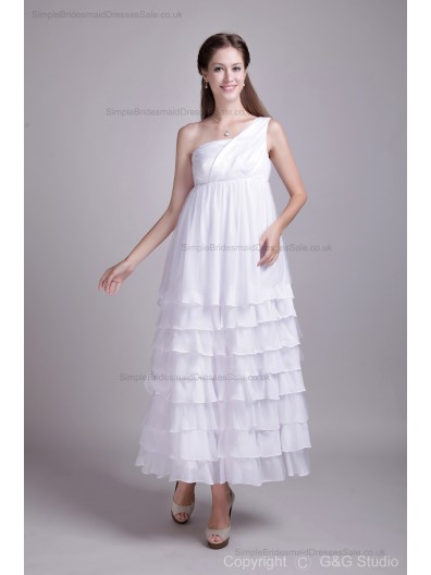 Chiffon/Satin White One-shoulder Sleeveless A-line Zipper Empire Lyers/Ruched/Draped Ankle-length Bridesmaid Dress