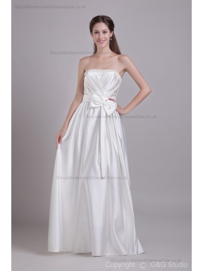 Sleeveless Satin Floor-length A-line Zipper Ivory Ruched/Bow/Beading/Draped Strapless Natural Bridesmaid Dress