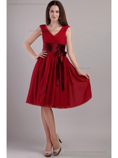 Red Mini A-line Bow/Draped Sleeveless V-neck Chiffon/Elastic-Silk-like-Satin Zipper Natural Bridesmaid Dress