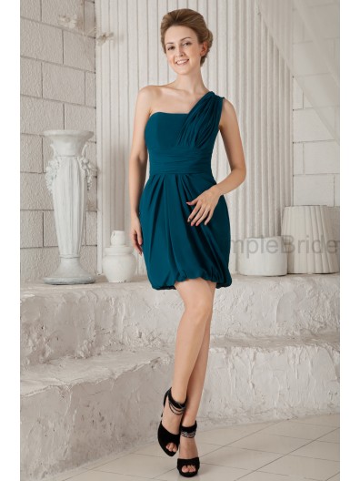 Natural Zipper Ruched Chiffon A-line Roya-Blue Sleeveless Knee-Length One-Shoulder Bridesmaid Dress