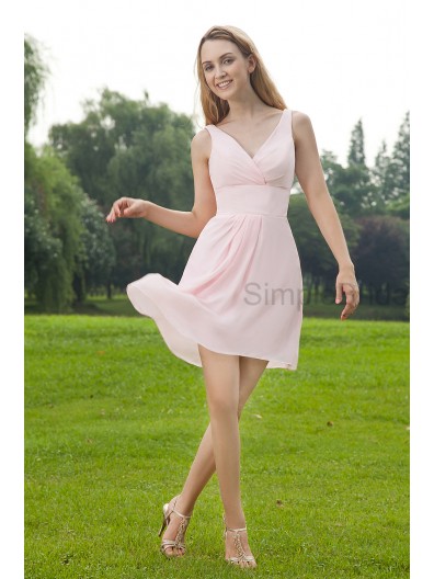 Knee-Length Ruched Natural Pink Sleeveless V-neck Chiffon Zipper A-line Bridesmaid Dress