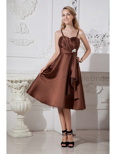 Sleeveless Chocolate Ruched Knee-length Natural Spaghetti-Straps/Sweetheart Satin/Organza Zipper A-line Bridesmaid Dress