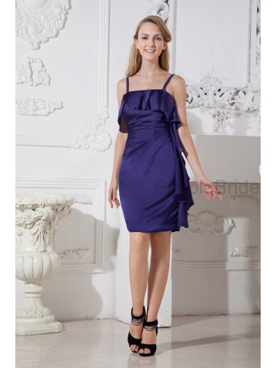 Ruched/Draped Dark Natural Sheath Chiffon Zipper Spaghetti-Straps Knee-length Navy Sleeveless Bridesmaid Dress