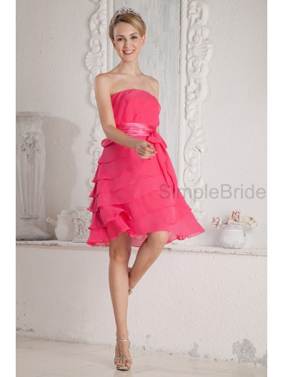 Sleeveless Knee-length A-line Strapless Natural Chiffon/Elastic-Silk-like-Satin Belt/Ruched Zipper Pink Bridesmaid Dress