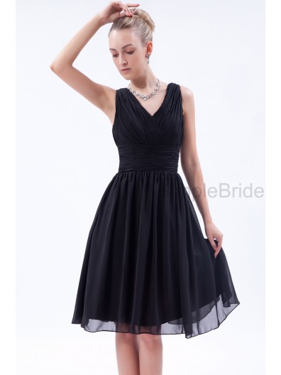 Black Sleeveless Zipper A-line Chiffon Natural Knee-length Ruched V-neck Bridesmaid Dress