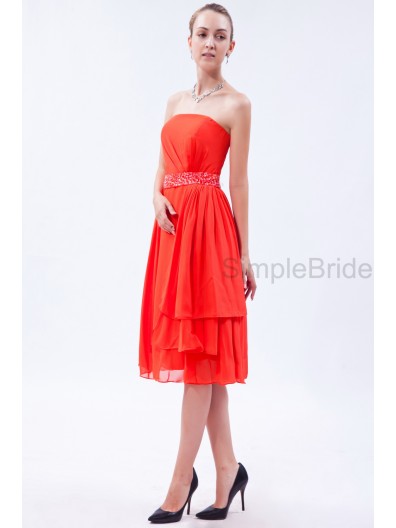 A-line Tea-length Orange Sequins/Beading/Layers Sleeveless Chiffon Strapless Natural Zipper Bridesmaid Dress