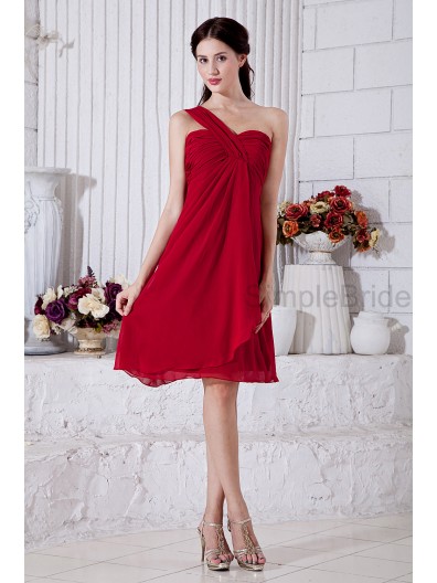 Zipper Knee-length One-Shoulder/Sweetheart Chiffon Natural Ruched Sleeveless A-line Burgundy Bridesmaid Dress