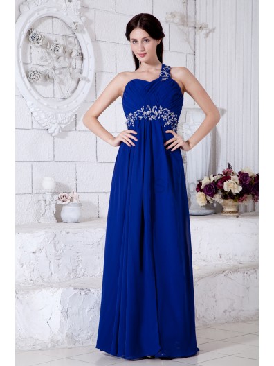 One-Shoulder/Sweetheart Sleeveless Roya-Blue Empire Chiffon Empire Floor-length Zipper Ruched/Beading/Appliques/Sequins Bridesmaid Dress