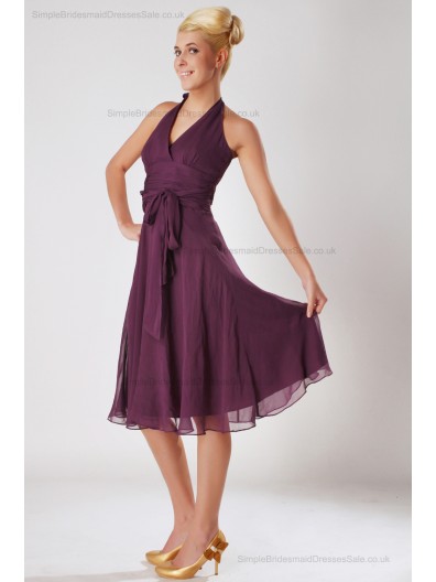 Zipper Chiffon Empire Sleeveless Knee-length A-line Fuchsia Ruched/Bow Halter Bridesmaid Dress