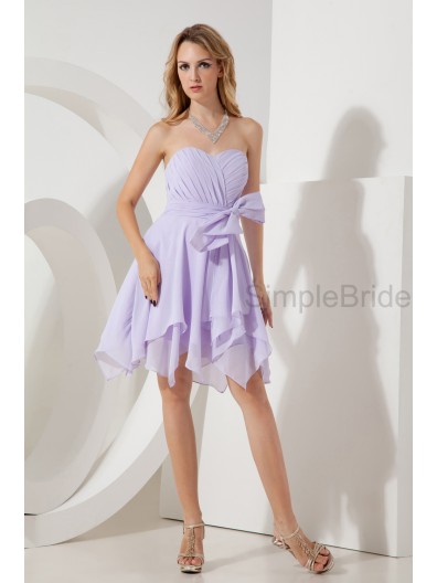 Sweetheart Natural Ruched/Bow Knee-length Sleeveless Sheath Lilac Zipper Chiffon Bridesmaid Dress