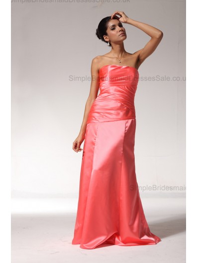 Taffeta Sleeveless A-line Natural Ruched Lace-up Strapless Floor-length Red Bridesmaid Dress