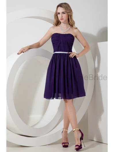 A-line Grape Sleeveless Natural Chiffon Zipper Strapless Knee-length Ruched/Belt Bridesmaid Dress