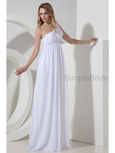 Zipper Empire Floor-length White Chiffon Sleeveless One-Shoulder Empire Ruched/Flowers Bridesmaid Dress