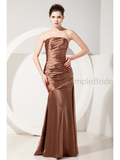 Zipper Ruched Strapless Natural Elastic-Silk-like-Satin Floor-length Sleeveless Sheath Brown Bridesmaid Dress