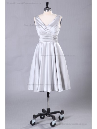 Mini Satin Zipper A-line Ruffles Sliver Natural V-neck Sleeveless Bridesmaid Dress