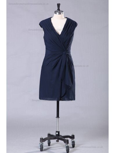 Navy Ruffles/Front-Cross V-neck Dark Sheath Chiffon/Elastic-Satin Natural Sleeveless Zipper Mini Bridesmaid Dress