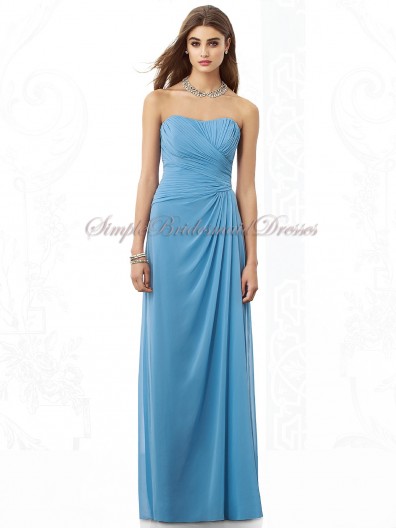 Floor-length Dropped Strapless Blue Chiffon Zipper windsor-blue Ruched Column/Sheath Sleeveless Bridesmaid Dress