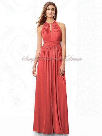 Chiffon Zipper Draped Floor-length A-line Halter Natural Watermelon firecracker Sleeveless Bridesmaid Dress