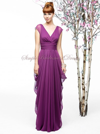 Lilac Zipper A-line Chiffon V-neck wild-berry Floor-length Draped Sleeveless Empire Bridesmaid Dress